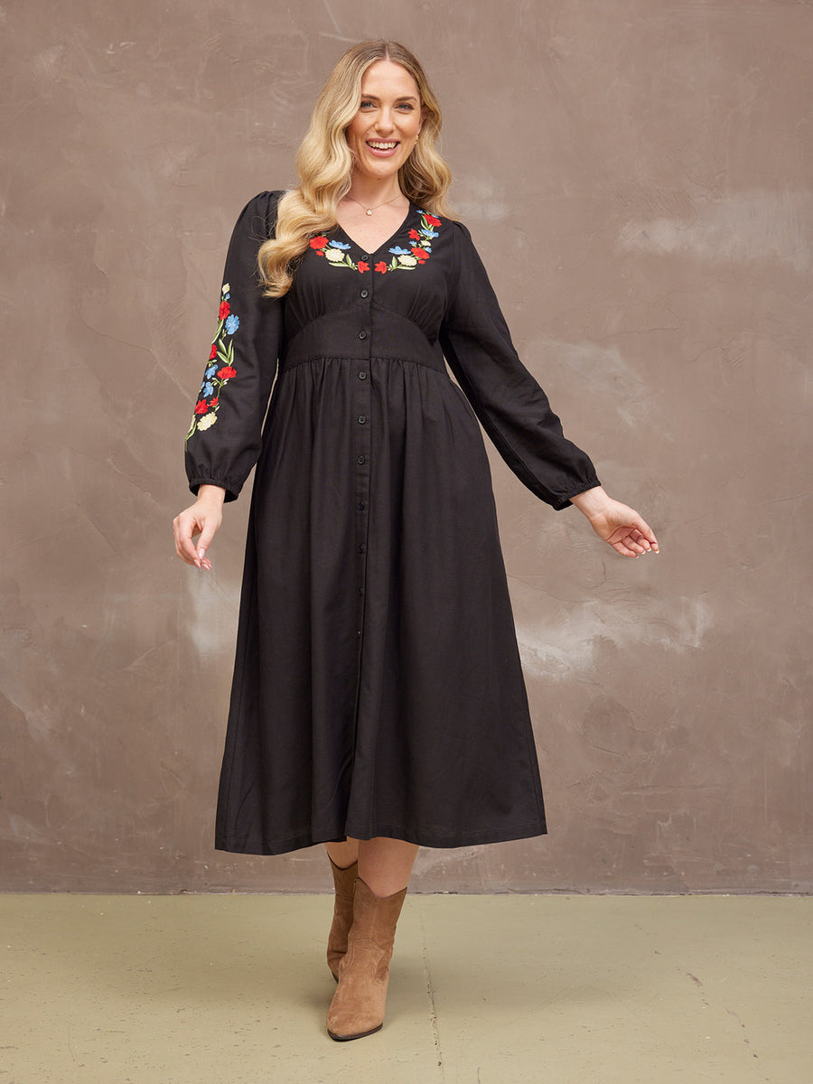 Rodica Dress - Embroidered Black