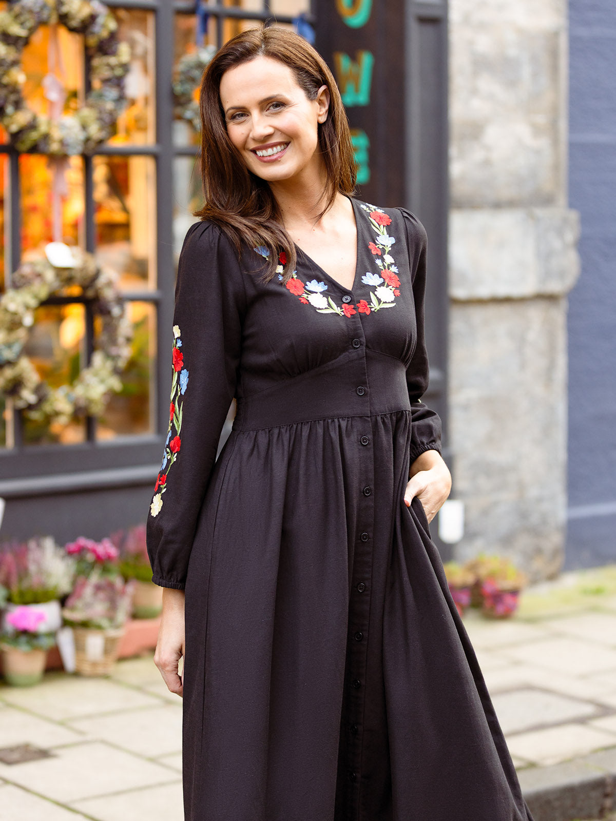 black dress with embroidered sleeves Mac Duggal - Black Floral Embellished Jersey Column Gown main image 0