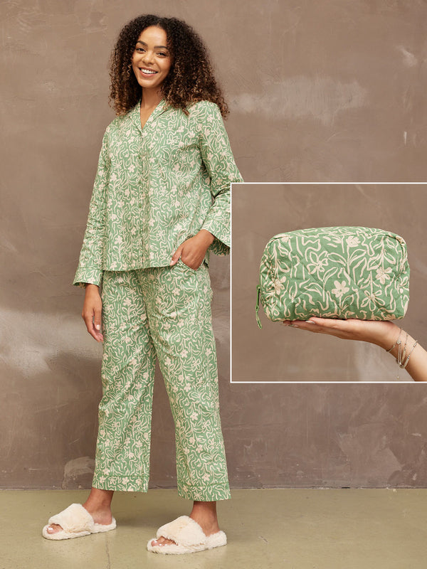 Rosie PJ - Green/Cream & Washbag Bundle