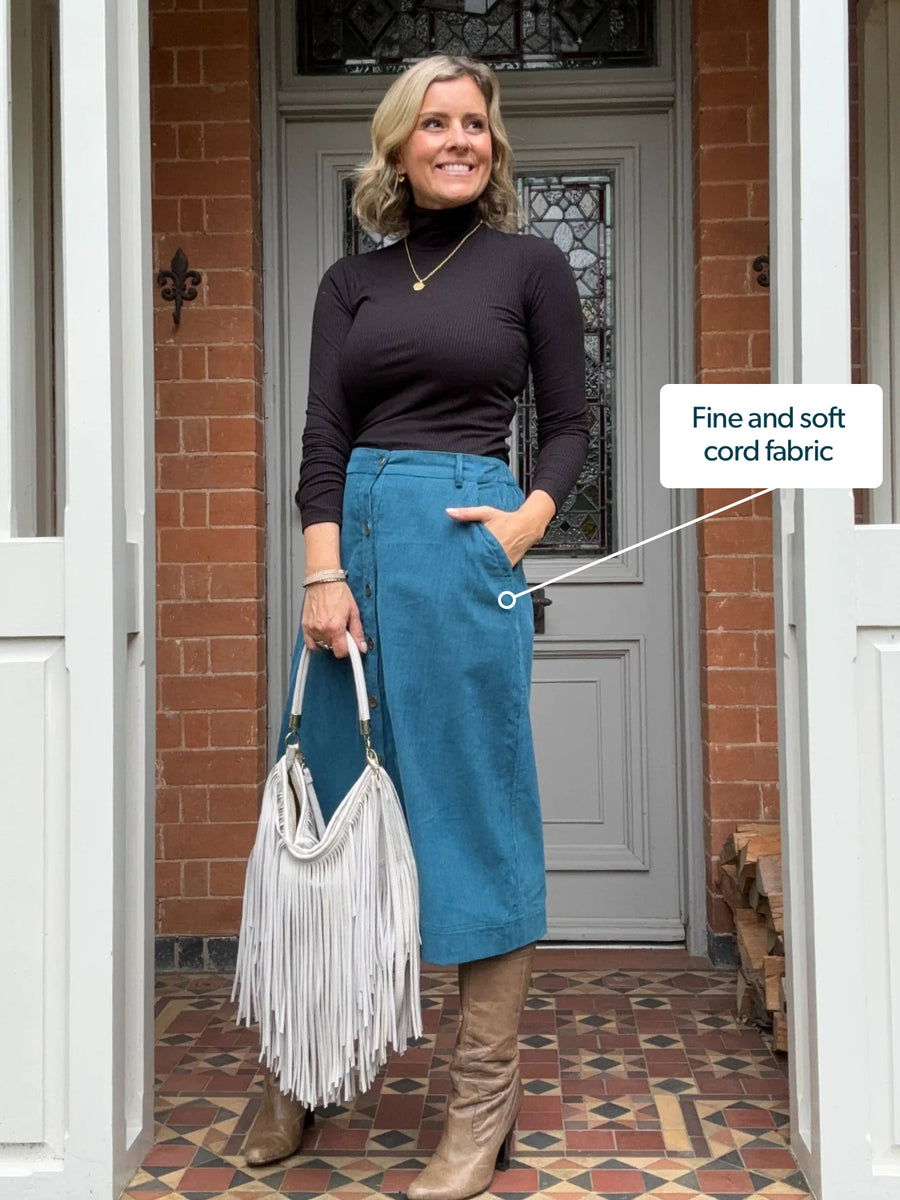 Roxy - Cord Midi Skirt - Teal