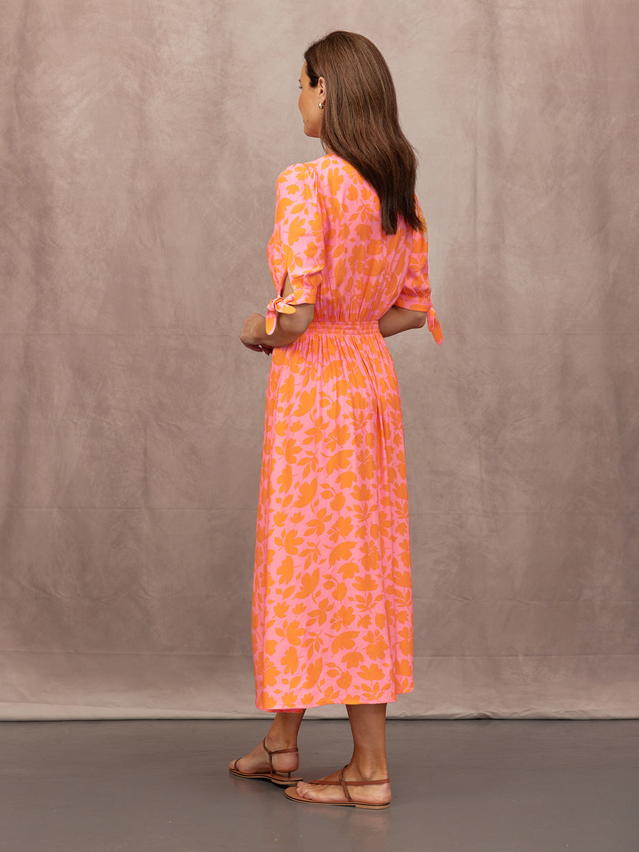 Sally Grace Tie Sleeve Dress - Pink & Orange Floral Print