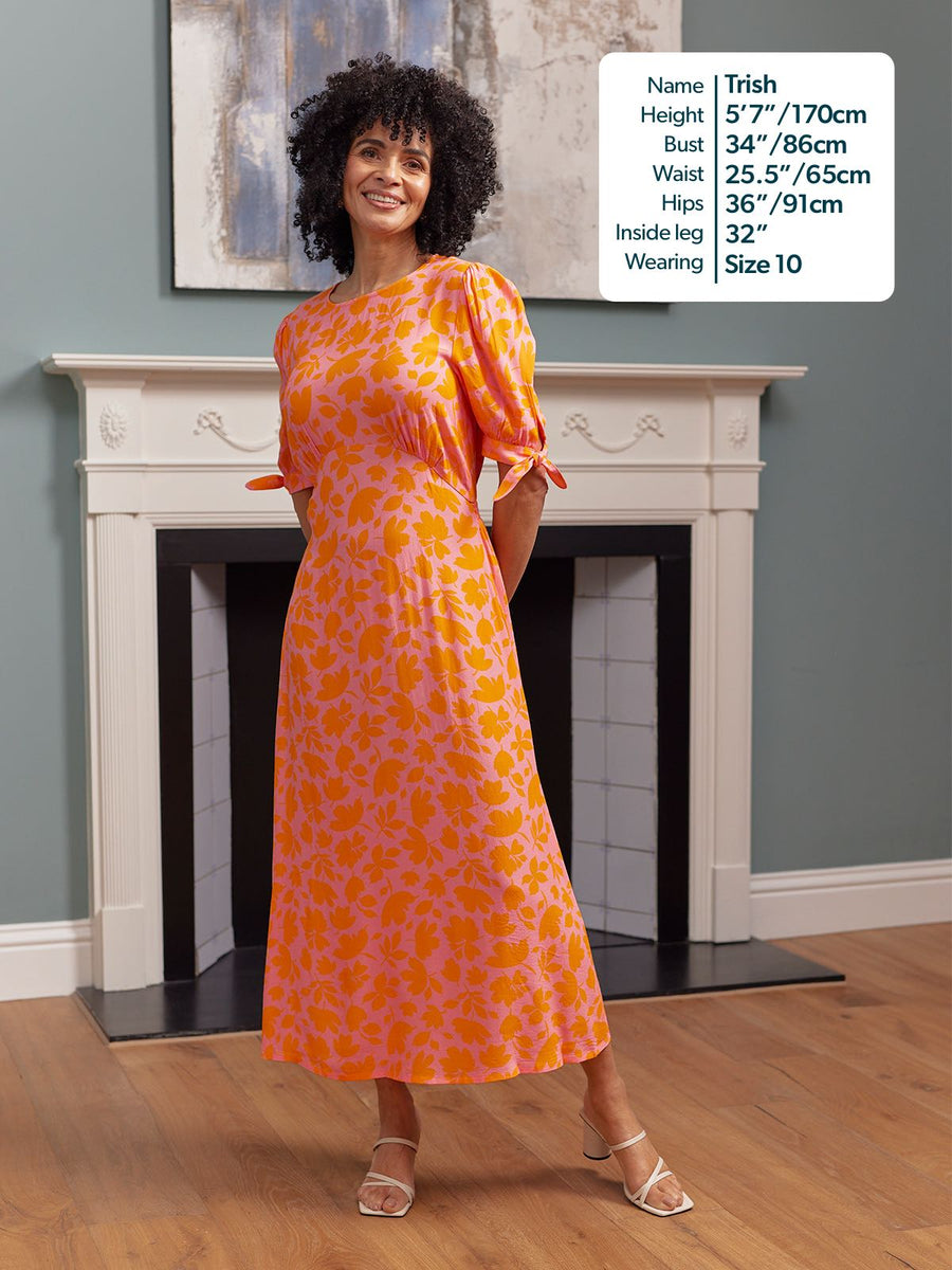 new look tie sleeve dress in orange ditsy pattern Orange Floral Print Tie Neck MIdi Dress