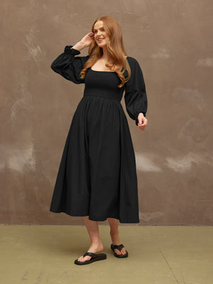 Sam - Shirred Puff Sleeve Dress - Black