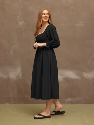 Sam - Shirred Puff Sleeve Dress - Black