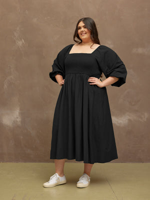 Sam - Shirred Puff Sleeve Dress - Black