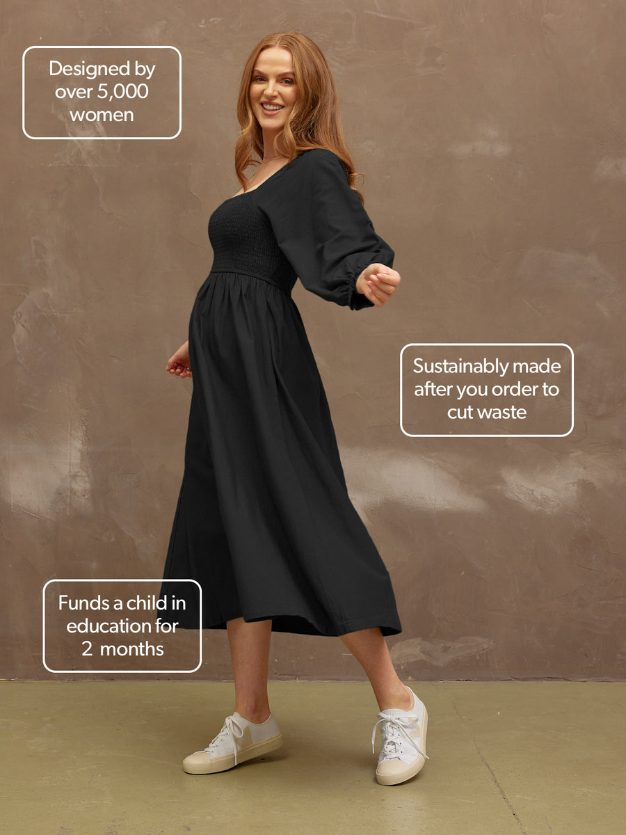 Sam - Shirred Puff Sleeve Dress - Black