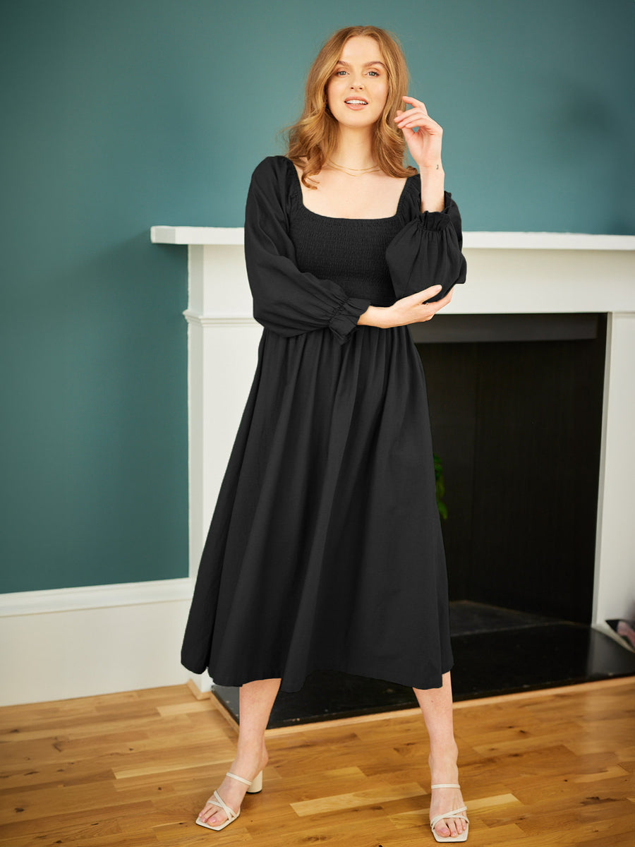 Sam - Shirred Puff Sleeve Dress - Black