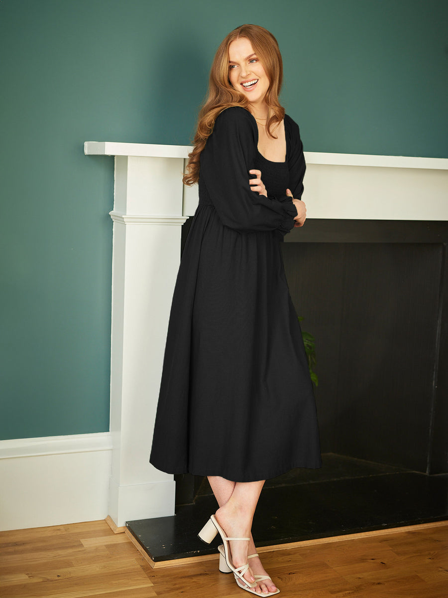 Sam - Shirred Puff Sleeve Dress - Black