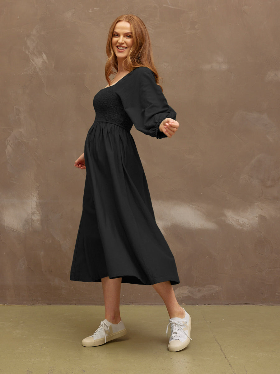 Sam - Shirred Puff Sleeve Dress - Black