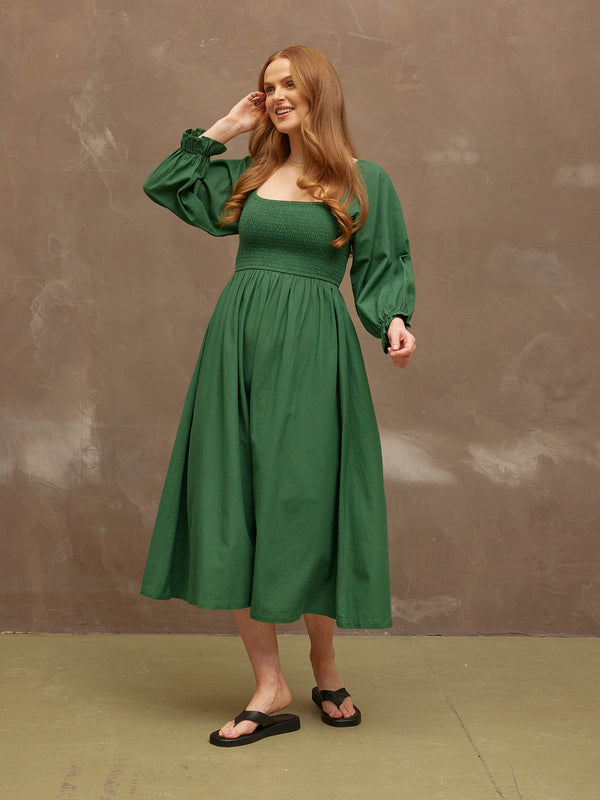 Sam - Shirred Puff Sleeve Dress - Dark Green