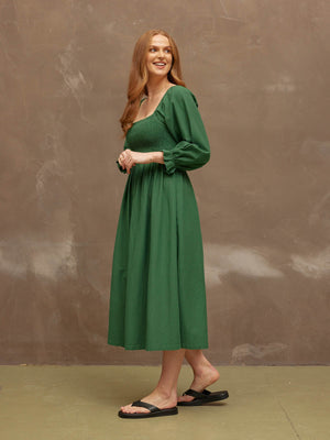 Sam - Shirred Puff Sleeve Dress - Dark Green