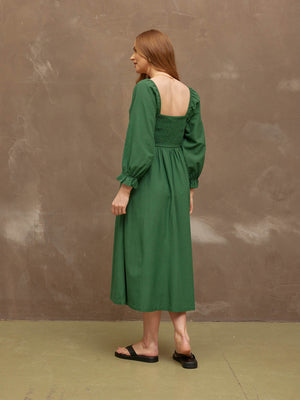 Sam - Shirred Puff Sleeve Dress - Dark Green