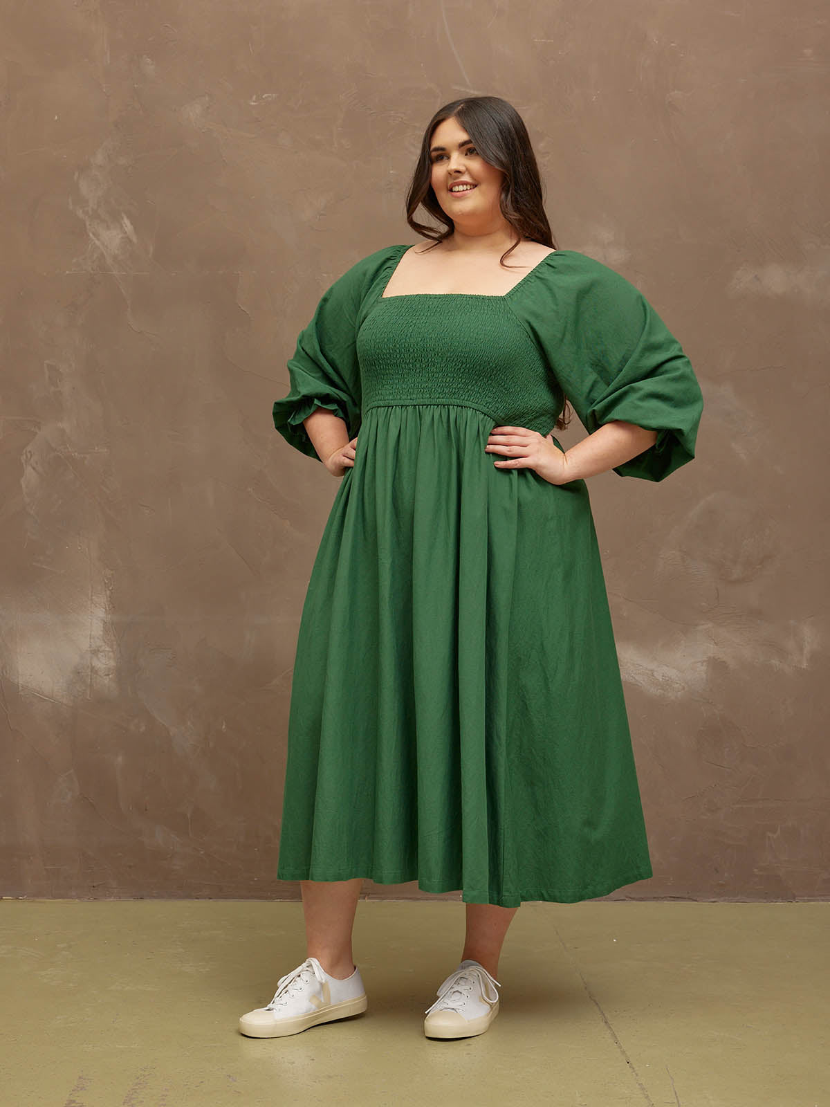 Sam - Shirred Puff Sleeve Dress - Dark Green