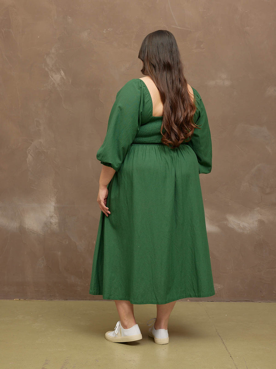 Sam - Shirred Puff Sleeve Dress - Dark Green