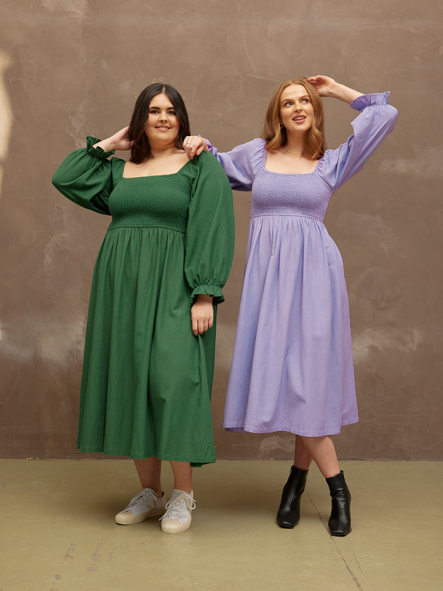 Sam - Shirred Puff Sleeve Dress - Dark Green
