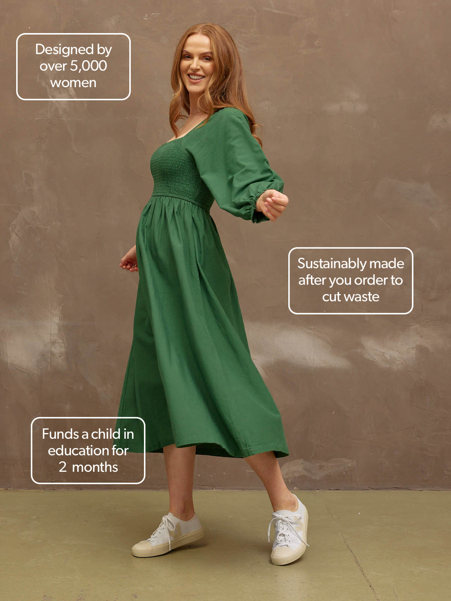 Sam - Shirred Puff Sleeve Dress - Dark Green