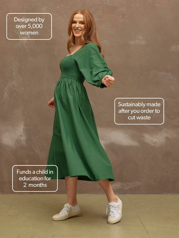 Sam - Shirred Puff Sleeve Dress - Dark Green