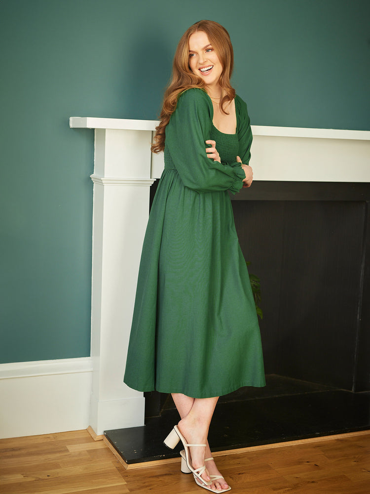 Sam - Shirred Puff Sleeve Dress - Dark Green