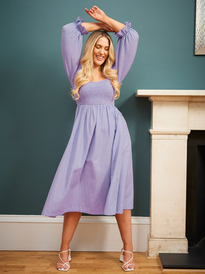 Sam - Shirred Puff Sleeve Dress - Lilac