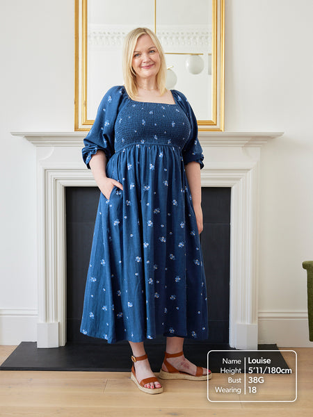 Sam Navy Print Shirred Dress