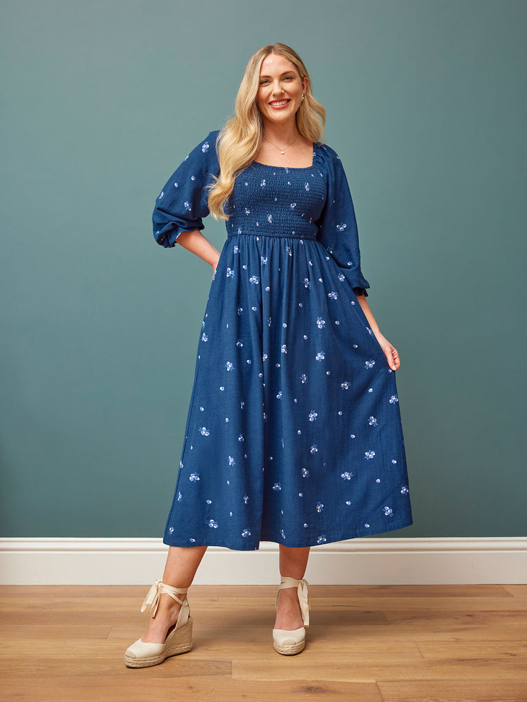 Sam Navy Print Shirred Dress