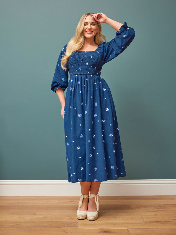 Sam Navy Print Shirred Dress