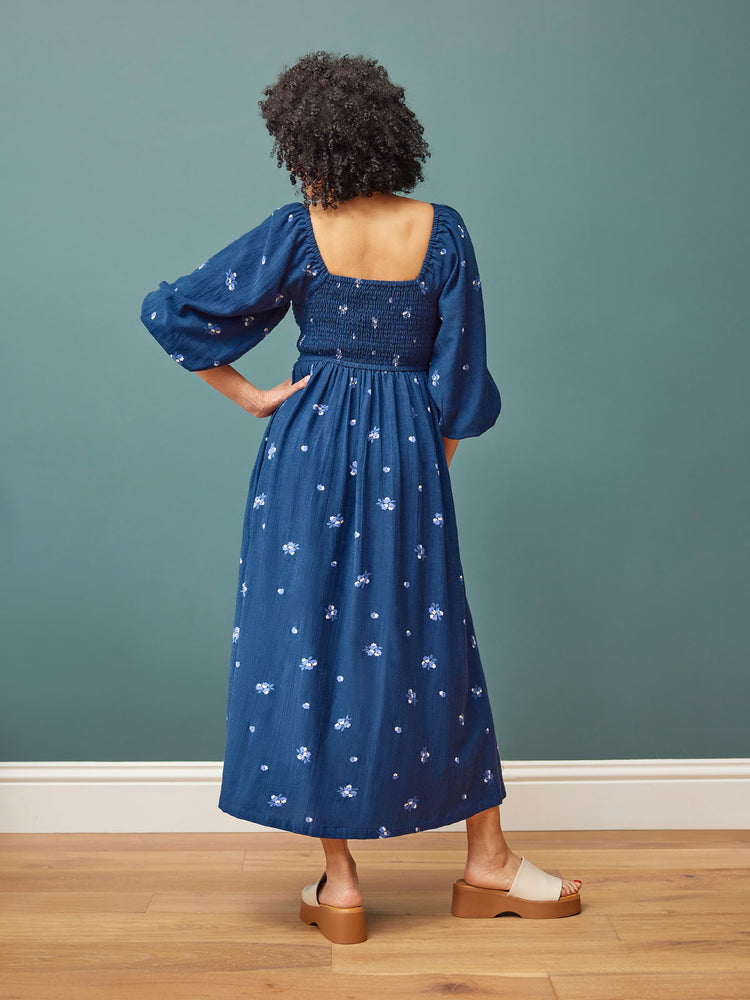 Sam Navy Print Shirred Dress