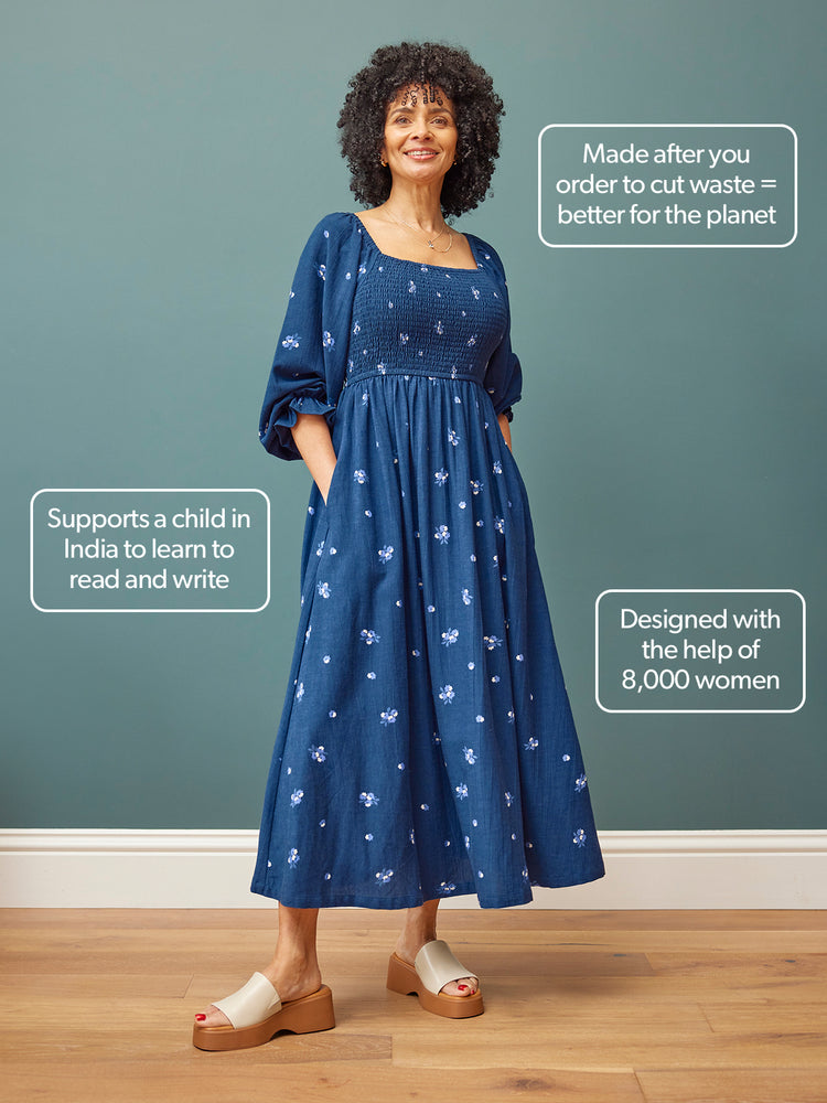 Sam Navy Print Shirred Dress