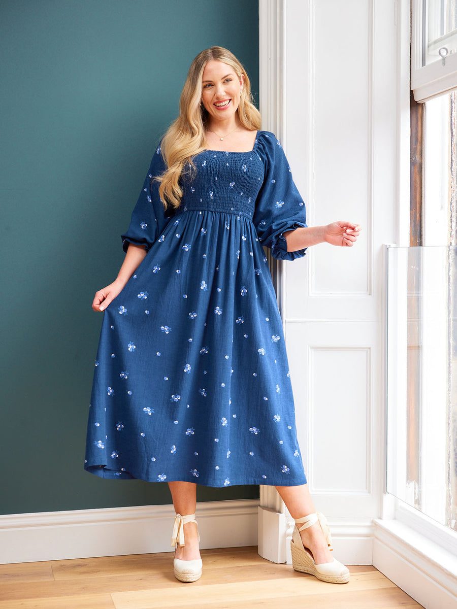 Sam Navy Print Shirred Dress