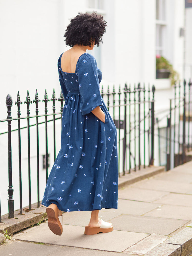 Sam Navy Print Shirred Dress