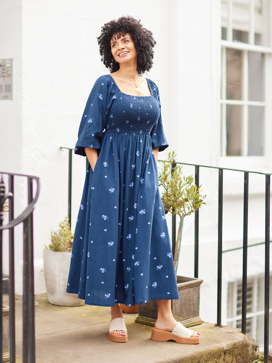 Sam Navy Print Shirred Dress