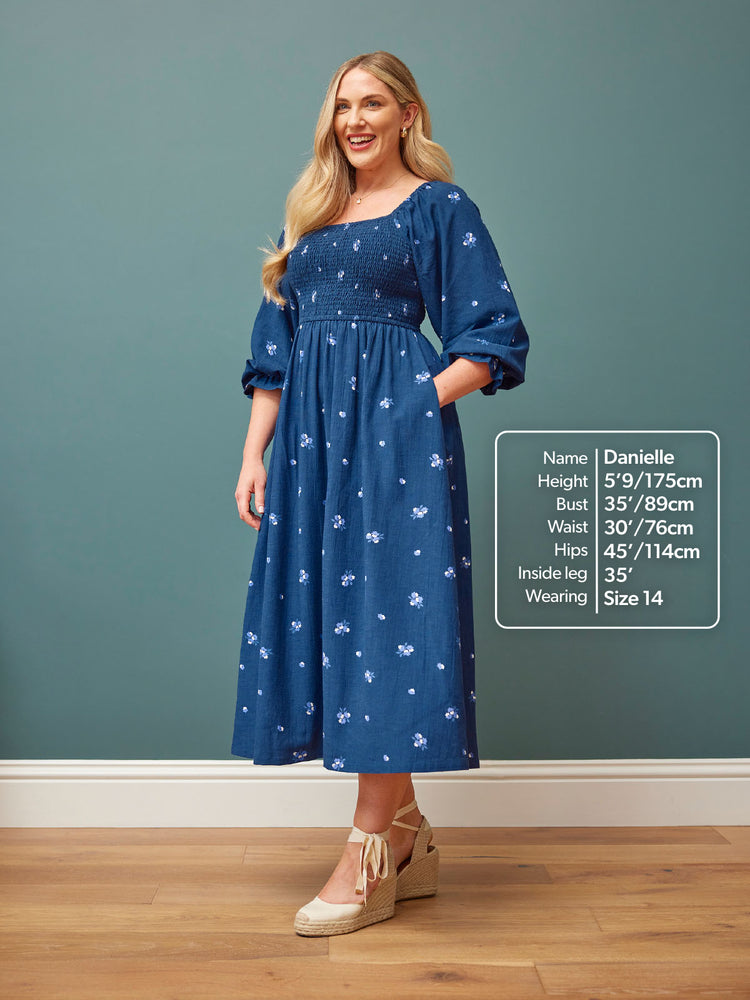 Sam Navy Print Shirred Dress