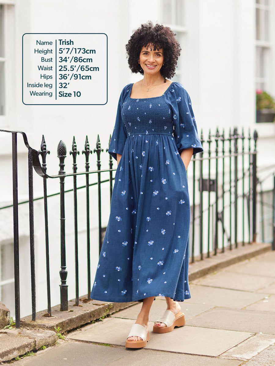 Sam Navy Print Shirred Dress