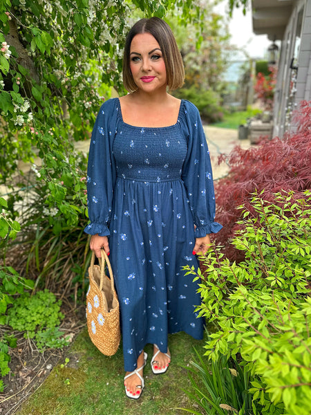 Sam Navy Print Shirred Dress