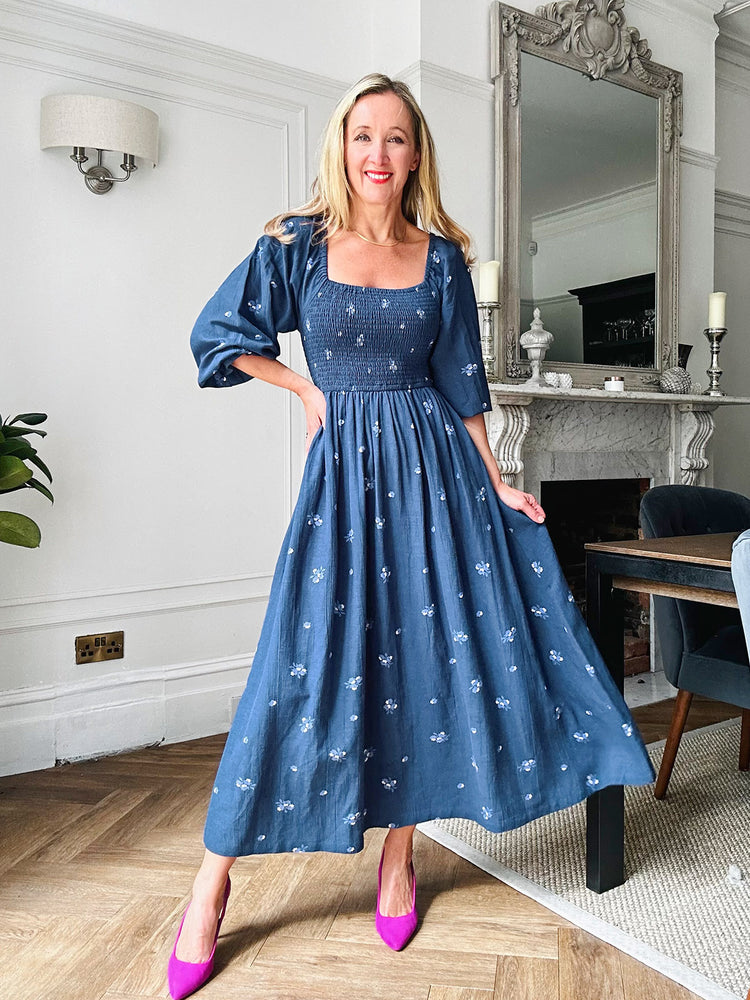 Sam Navy Print Shirred Dress