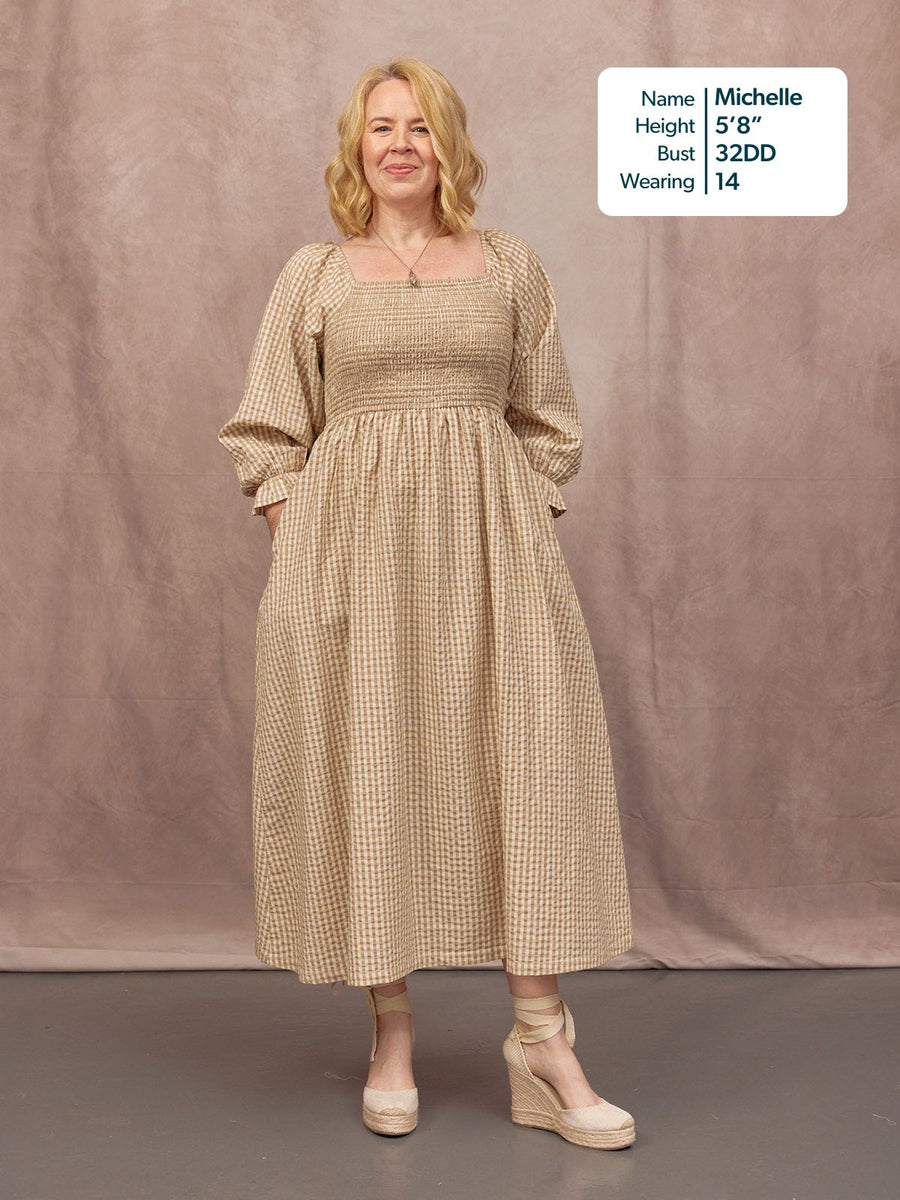 brown gingham dress with sleeves Two Way Noa Gingham Dress, Brown