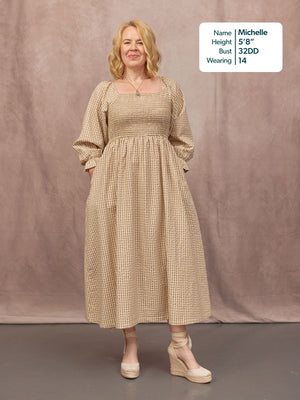 Sam Shirred Puff Sleeve Dress - Brown Gingham Print