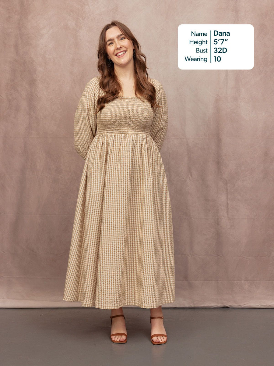 brown gingham dress with sleeves Rihoas Checkered Square Neck Midi Dress