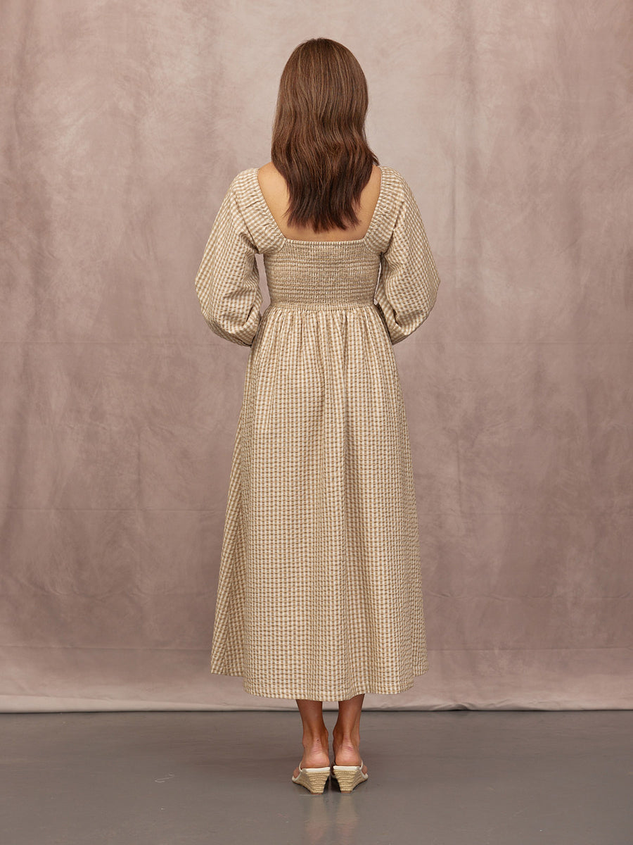 brown gingham dress with sleeves Siun Short Sleeve Midi Dress
