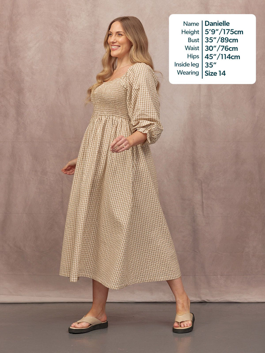 Sam Shirred Puff Sleeve Dress - Brown Gingham Print