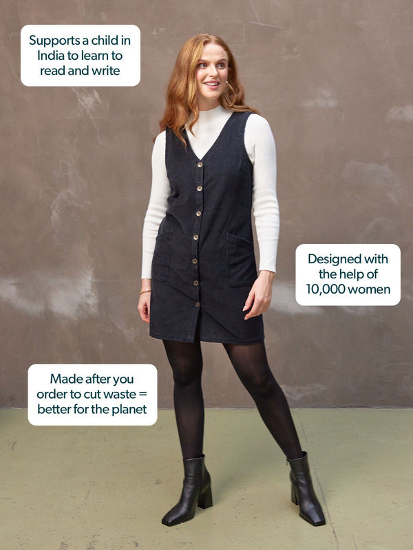 Sandie - Button Down Pinafore Dress - Black