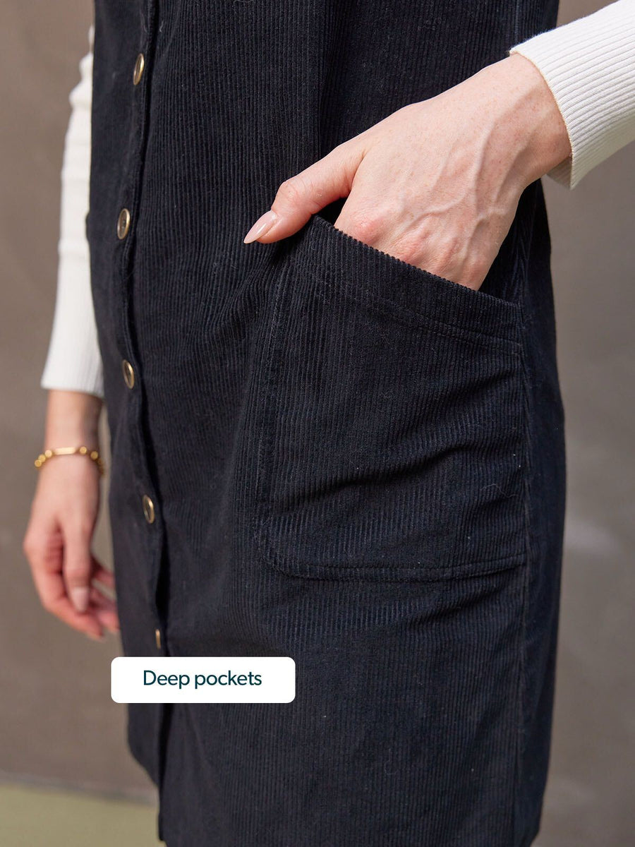 Sandie - Button Down Pinafore Dress - Black