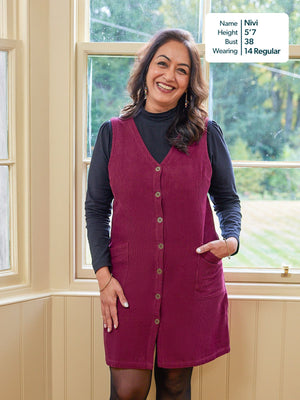 Sandie - Cord Pinafore Dress - Burgundy