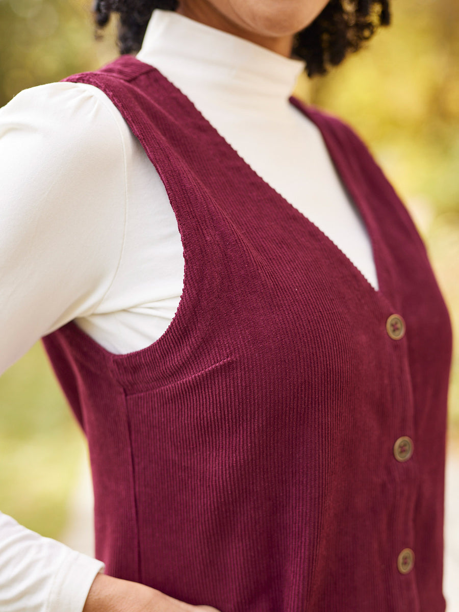 Sandie - Cord Pinafore Dress - Burgundy