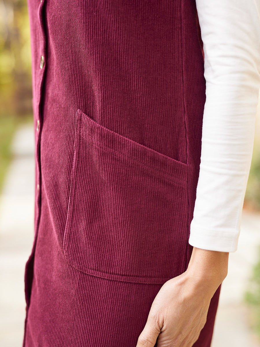 Sandie - Cord Pinafore Dress - Burgundy