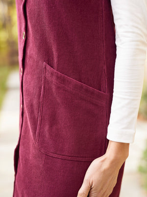 Sandie - Cord Pinafore Dress - Burgundy
