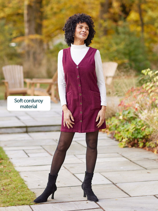Sandie - Cord Pinafore Dress - Burgundy