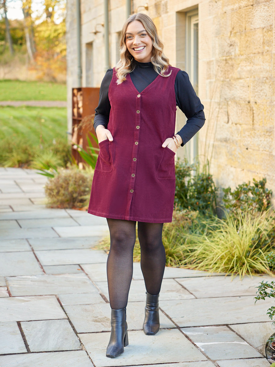 Sandie - Cord Pinafore Dress - Burgundy