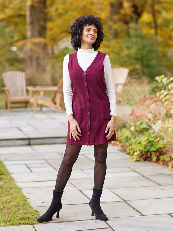 Sandie - Cord Pinafore Dress - Burgundy