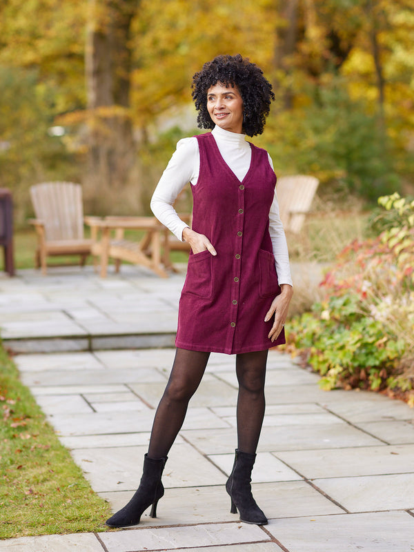 Sandie - Cord Pinafore Dress - Burgundy